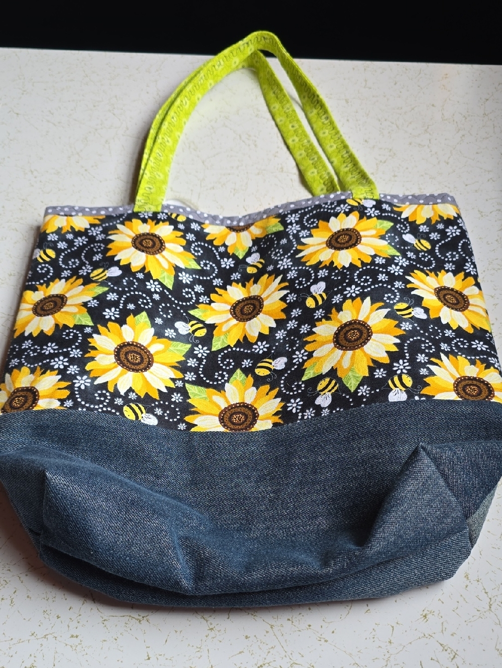 Sunflower Canvas Tote Bag with Denim Base - Yellow Newfoundland Handmade.